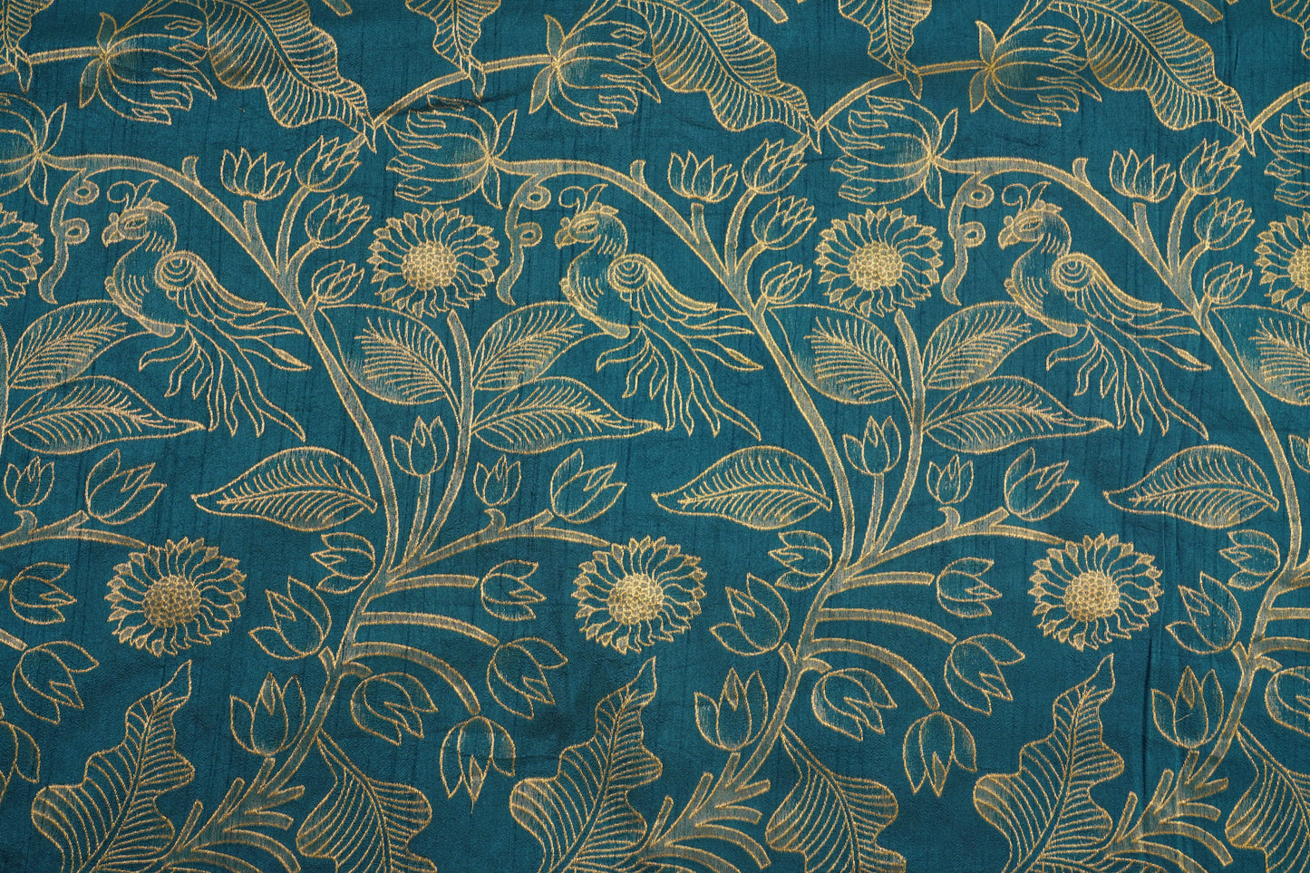 Teal Blue Raw Silk Brocade