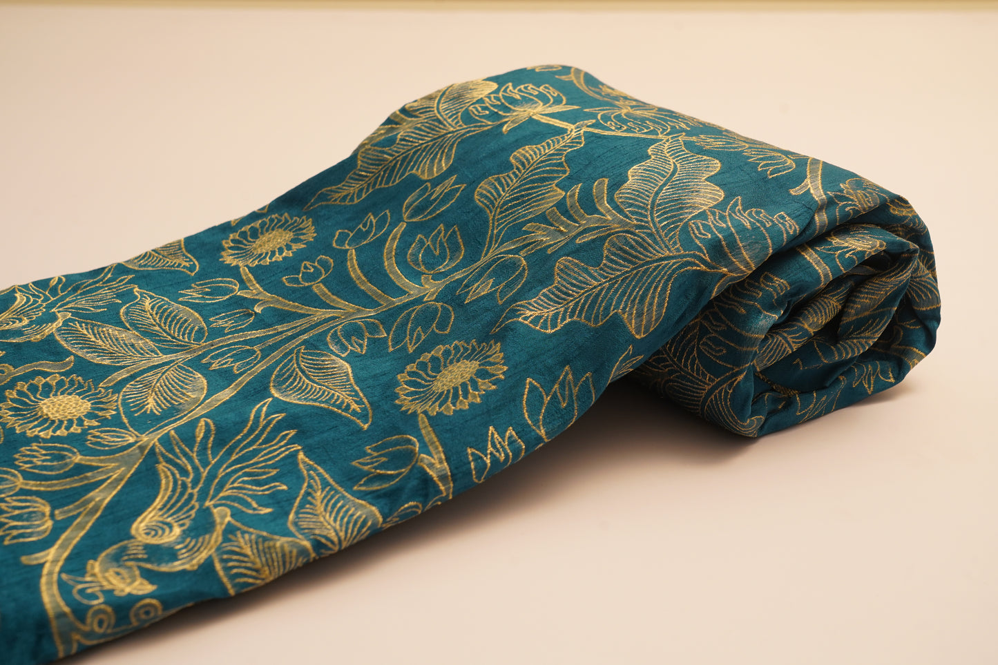 Teal Blue Raw Silk Brocade