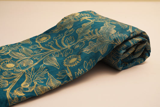 Teal Blue Raw Silk Brocade