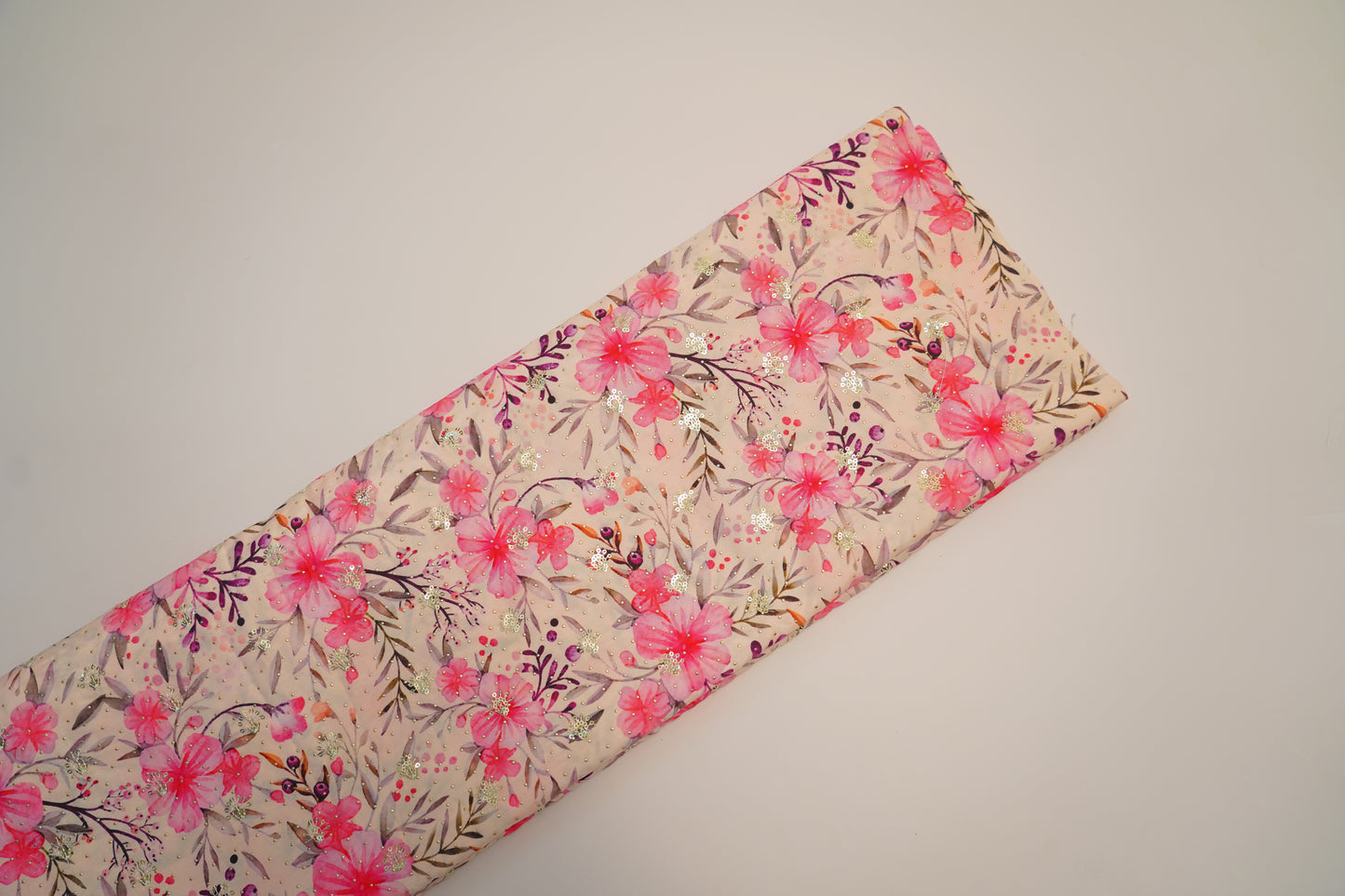 POLY COTTON SEQ - Cream Pink Floral Digital Printed Fabric