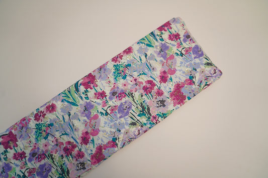 POLY COTTON - White Base with Pink, Purple & Green Floral Pattern