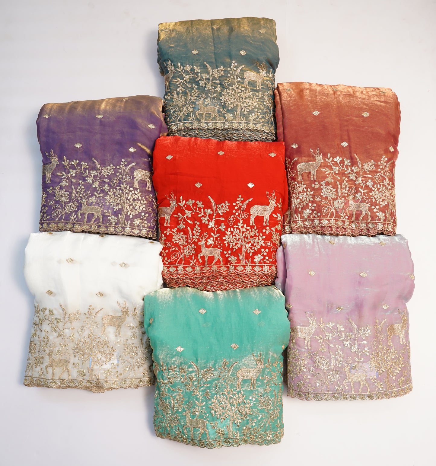 Luxury Silk Fabric with Golden Deer & Forest Zari Embroidery