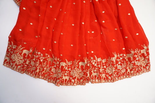 Luxury Silk Fabric with Golden Deer & Forest Zari Embroidery