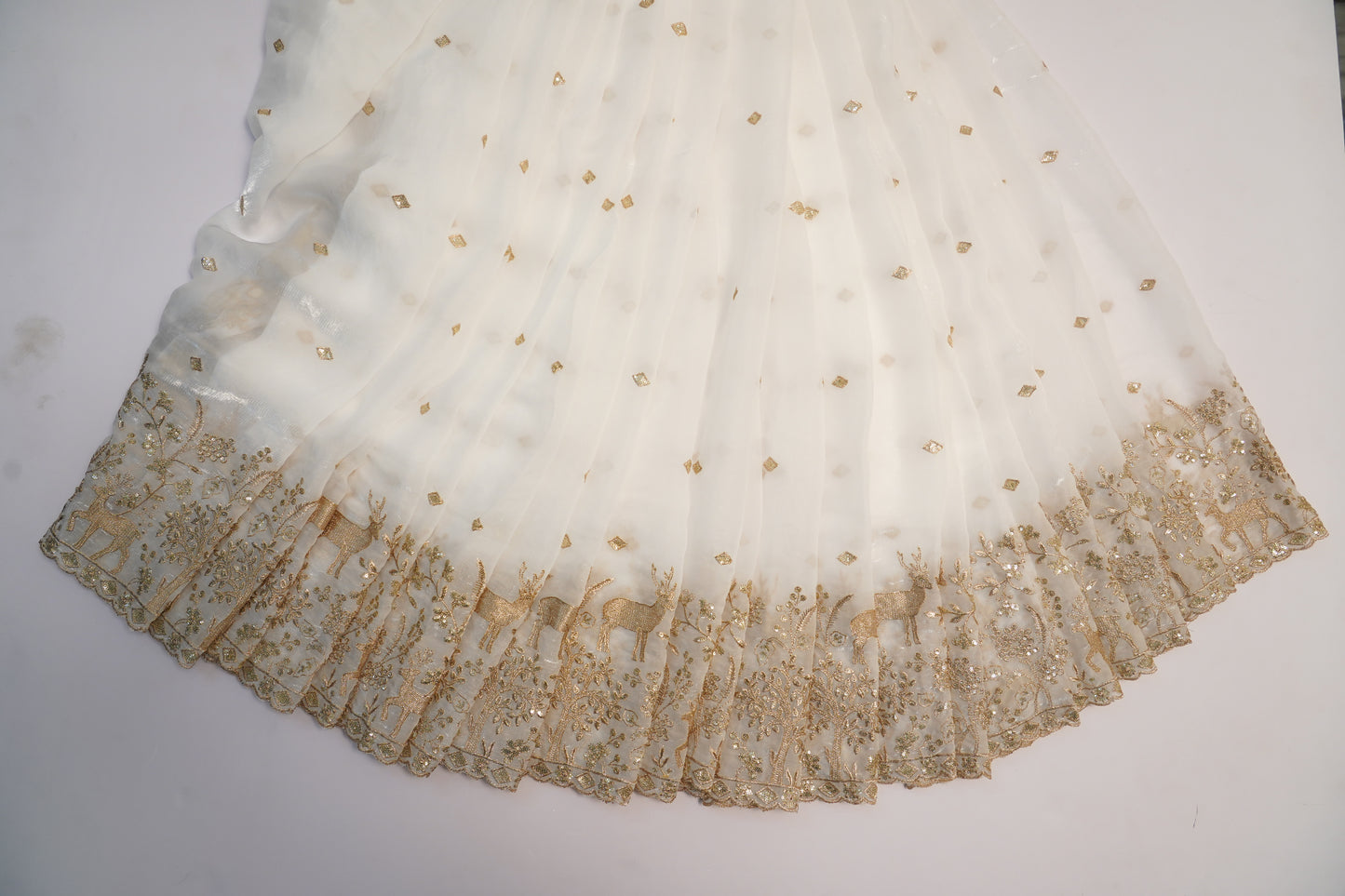 Luxury Silk Fabric with Golden Deer & Forest Zari Embroidery