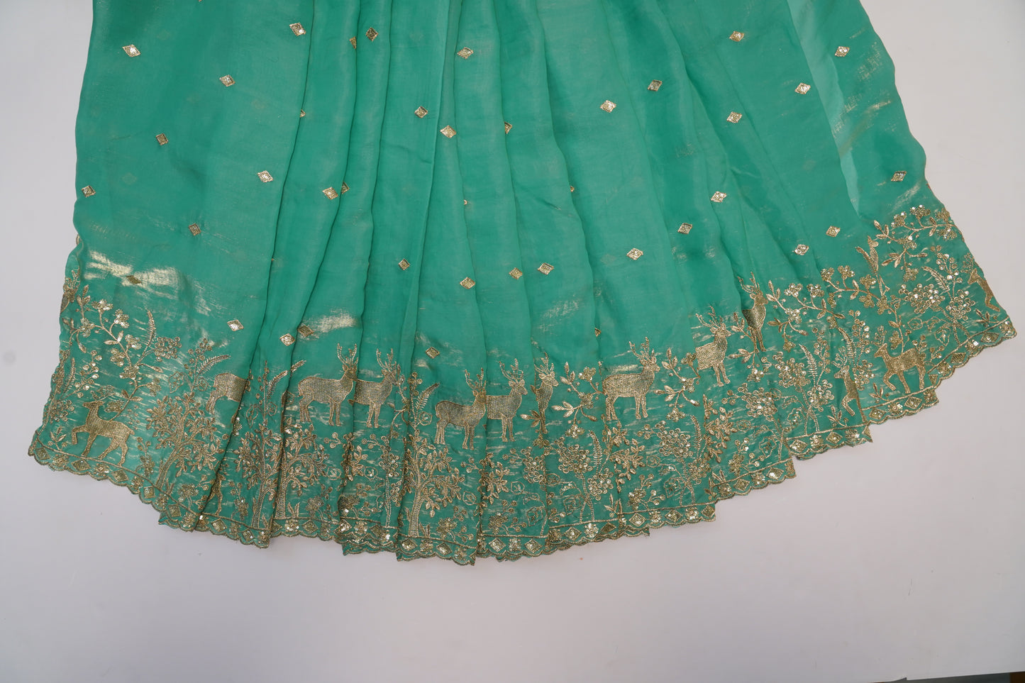 Luxury Silk Fabric with Golden Deer & Forest Zari Embroidery