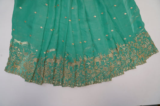 Luxury Silk Fabric with Golden Deer & Forest Zari Embroidery