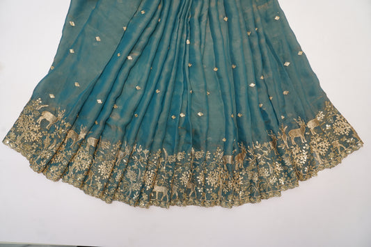 Luxury Silk Fabric with Golden Deer & Forest Zari Embroidery