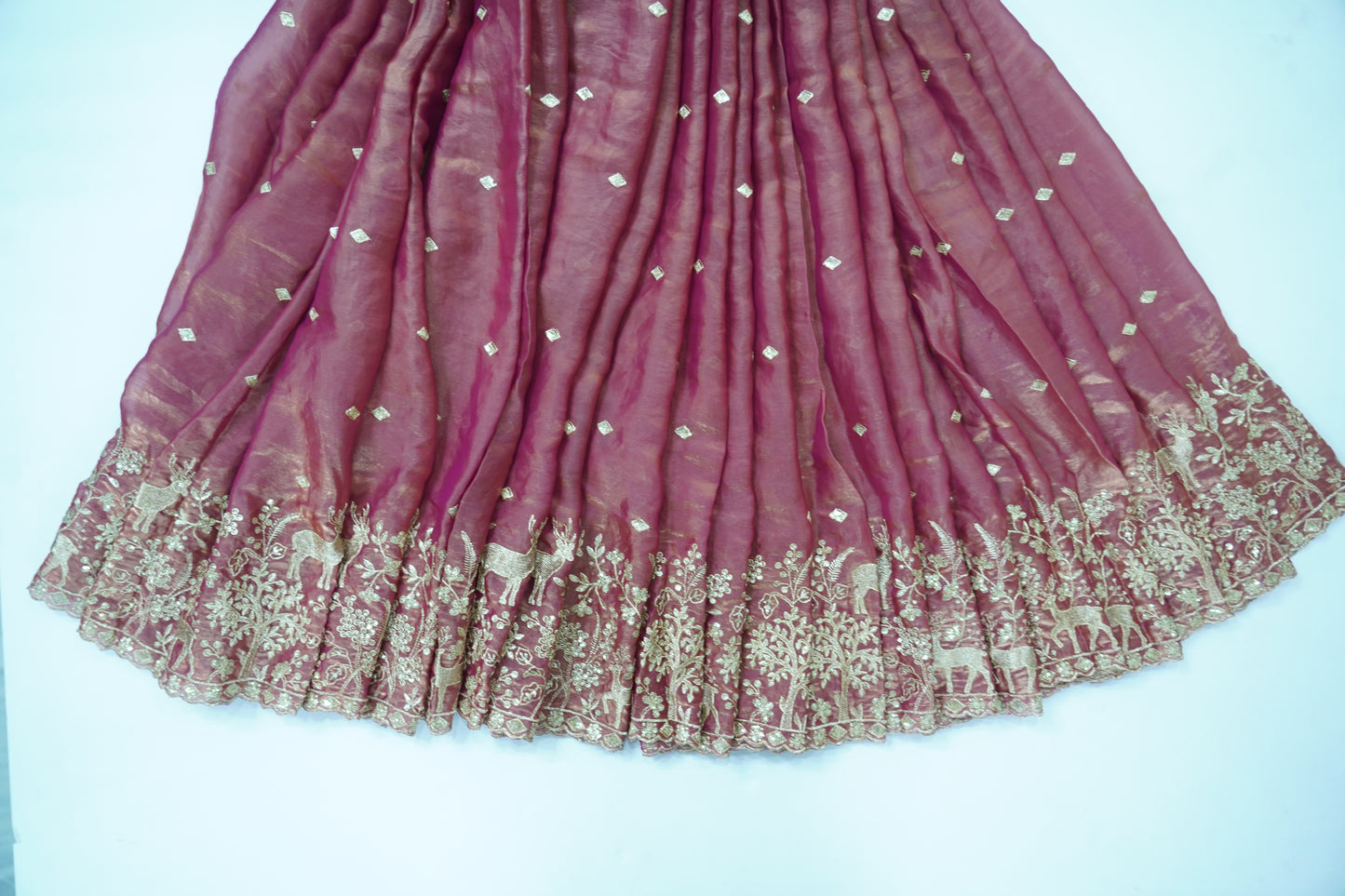 Luxury Silk Fabric with Golden Deer & Forest Zari Embroidery