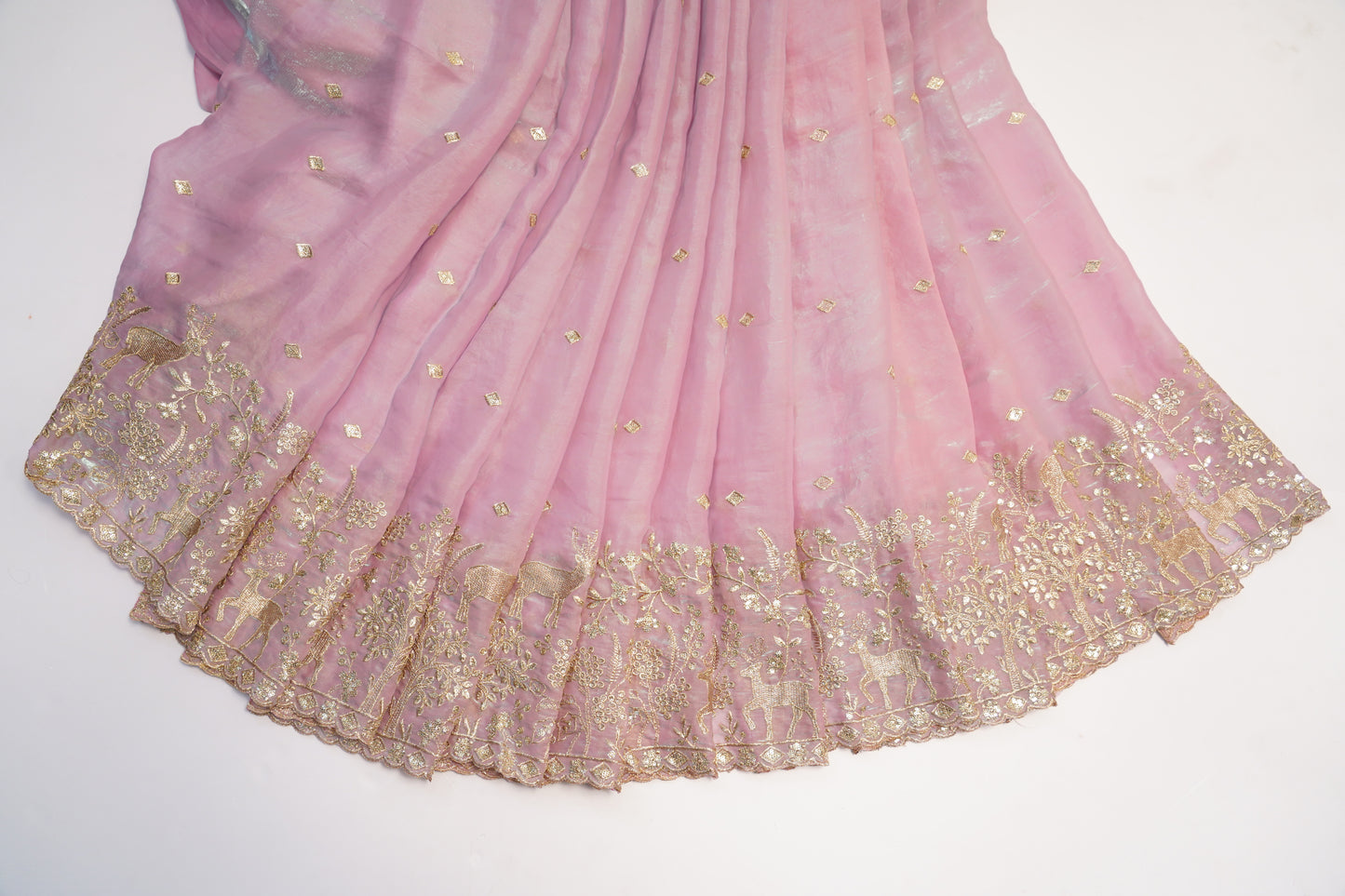 Luxury Silk Fabric with Golden Deer & Forest Zari Embroidery