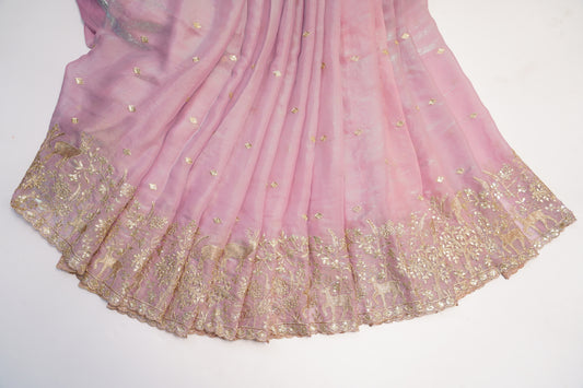 Luxury Silk Fabric with Golden Deer & Forest Zari Embroidery