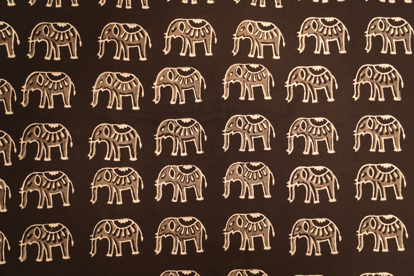 block cotton print - Deep black with Ivory Elephant Motifs