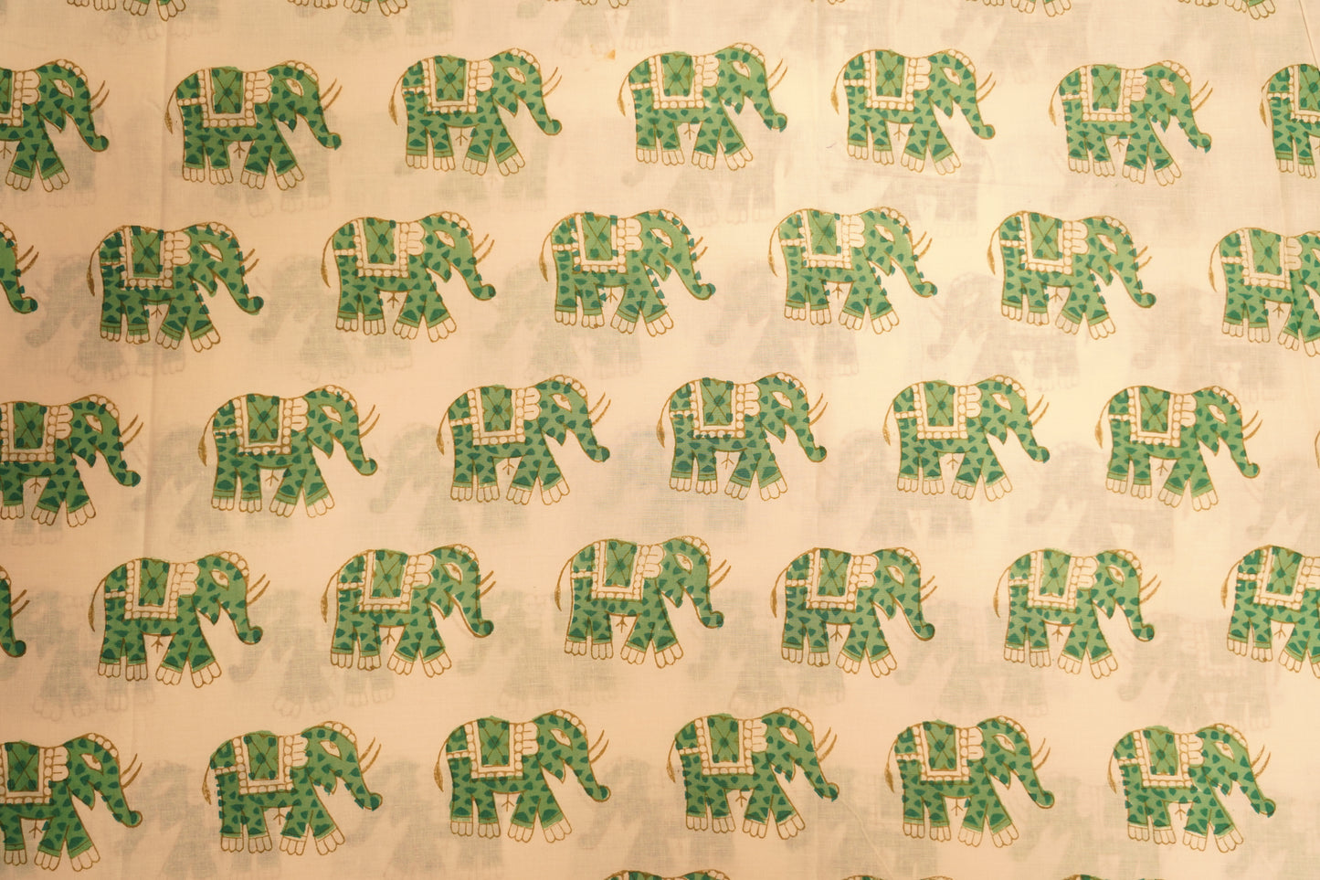 block cotton print - white color with green elephant