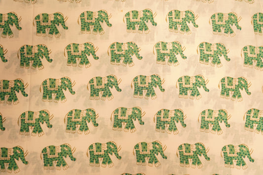 block cotton print - white color with green elephant