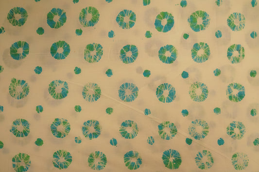 block cotton print - Mint white base with aqua blue & leaf green circular block prints.