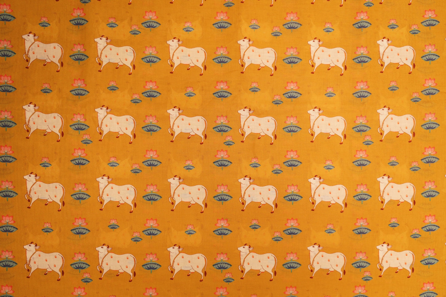 cotton print -Mustard Lotus Pichwai Cow