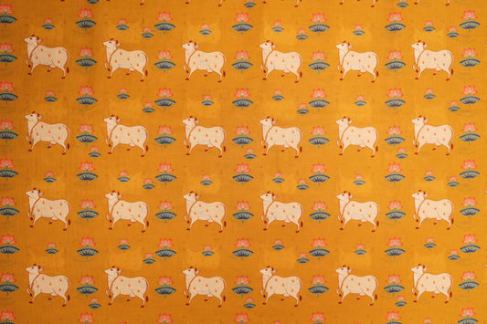 cotton print -Mustard Lotus Pichwai Cow