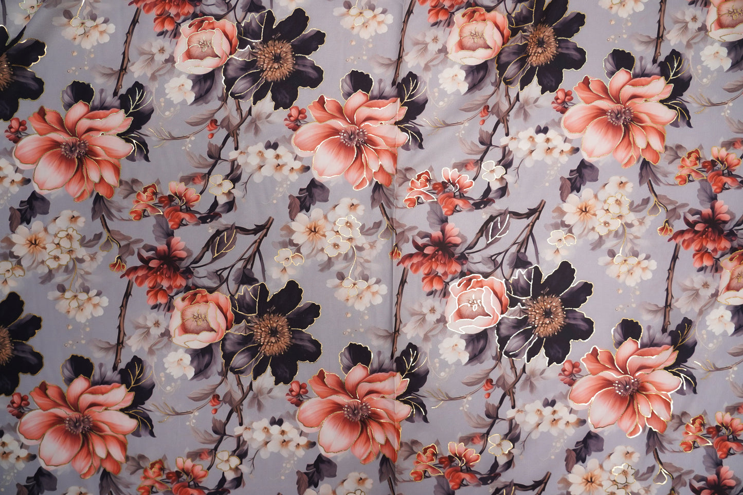 BSY SILK FABRIC WITH FOIL - Soft Ash Grey base