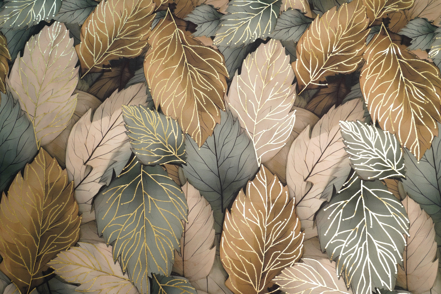 BSY SILK FABRIC WITH FOIL - Forest Green leaves