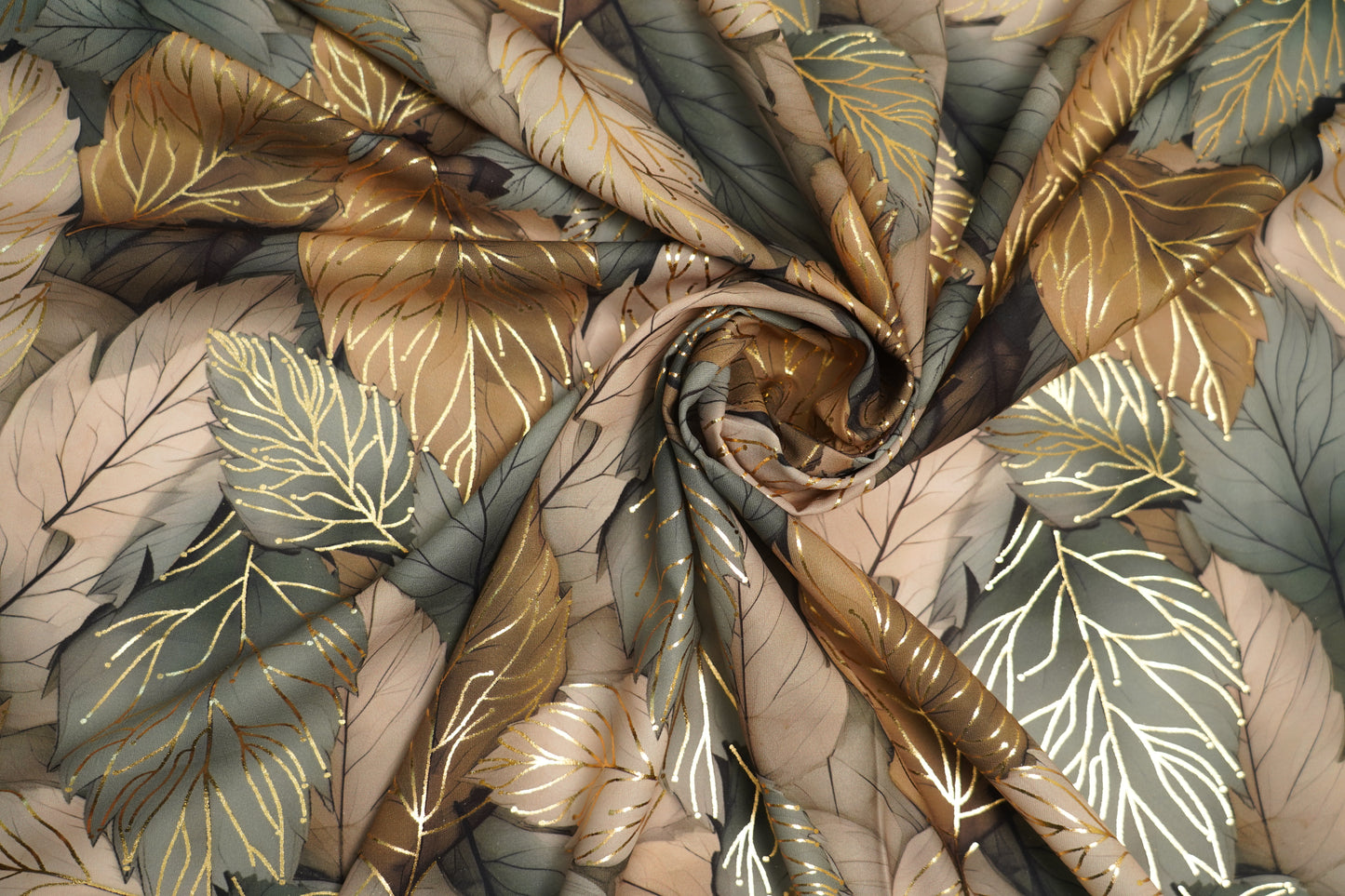 BSY SILK FABRIC WITH FOIL - Forest Green leaves