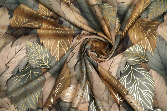 BSY SILK FABRIC WITH FOIL - Forest Green leaves