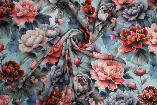 BSY SILK FABRIC WITH FOIL - Teal Blue base