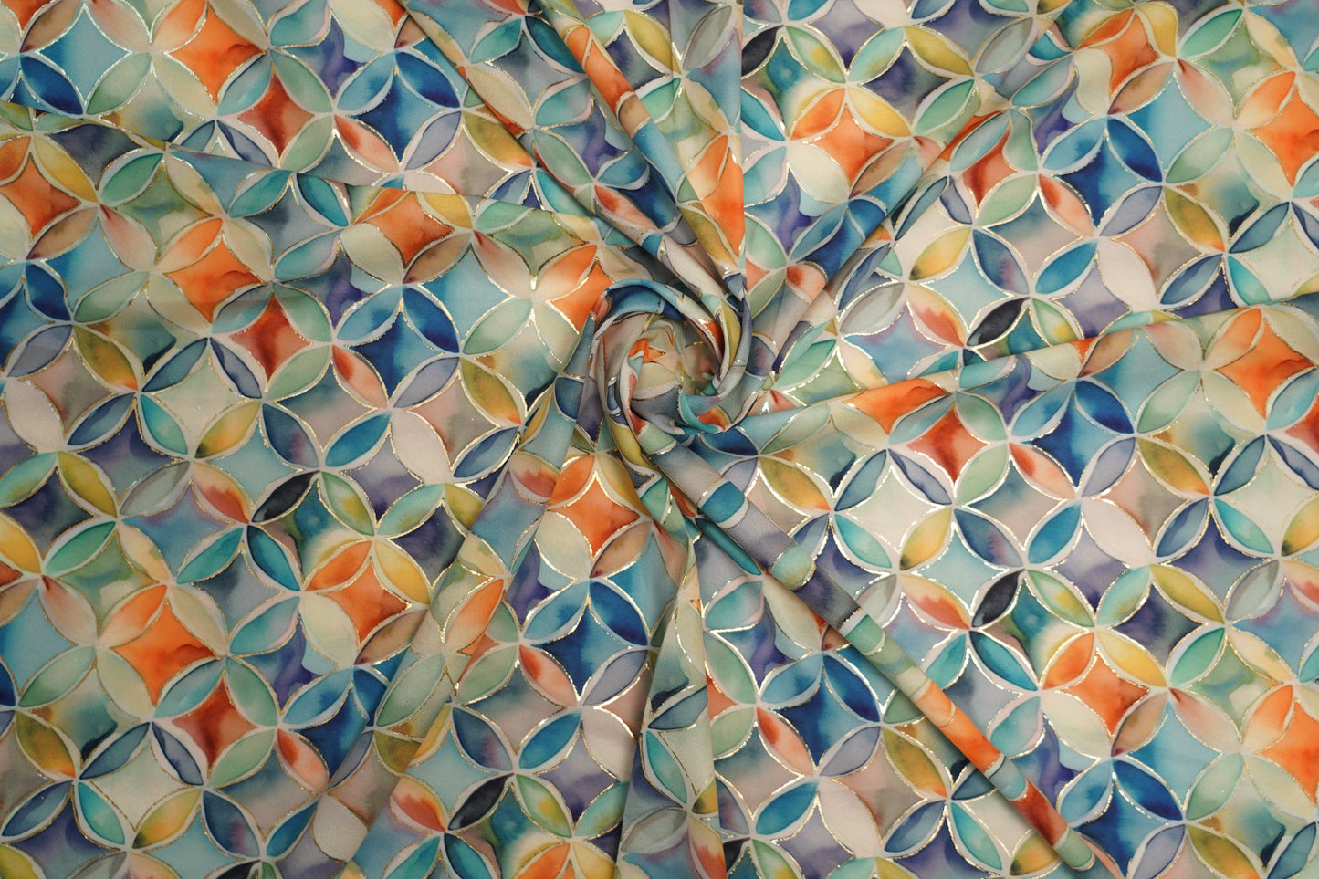 BSY SILK FABRIC WITH FOIL - Aqua-Mint base