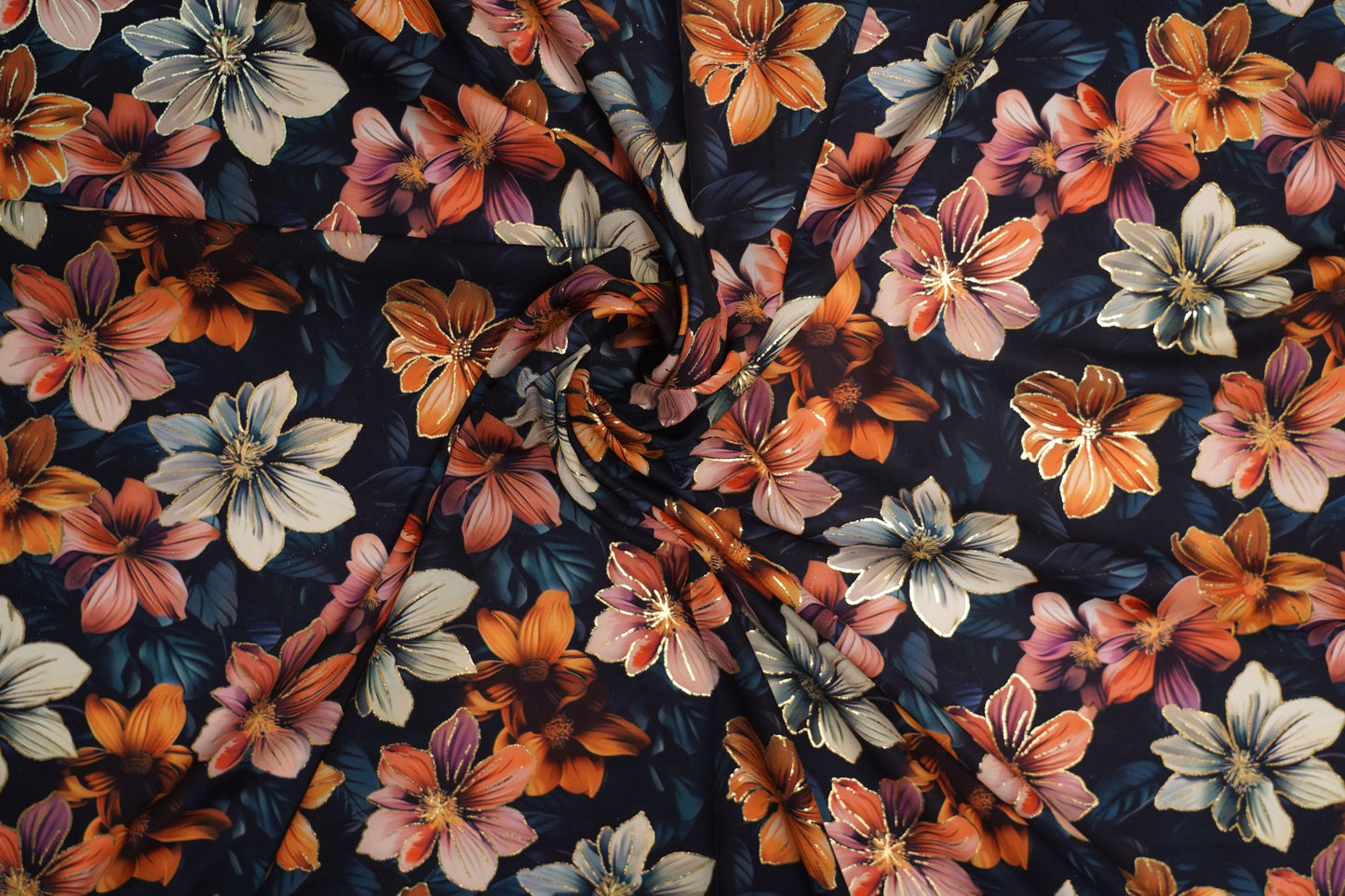 BSY SILK FABRIC WITH FOIL - Dark Blue base