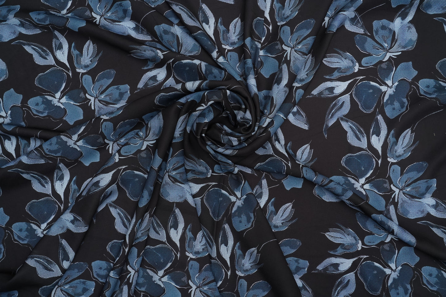 FIONA DIGITAL - Black base with denim-blue floral print.