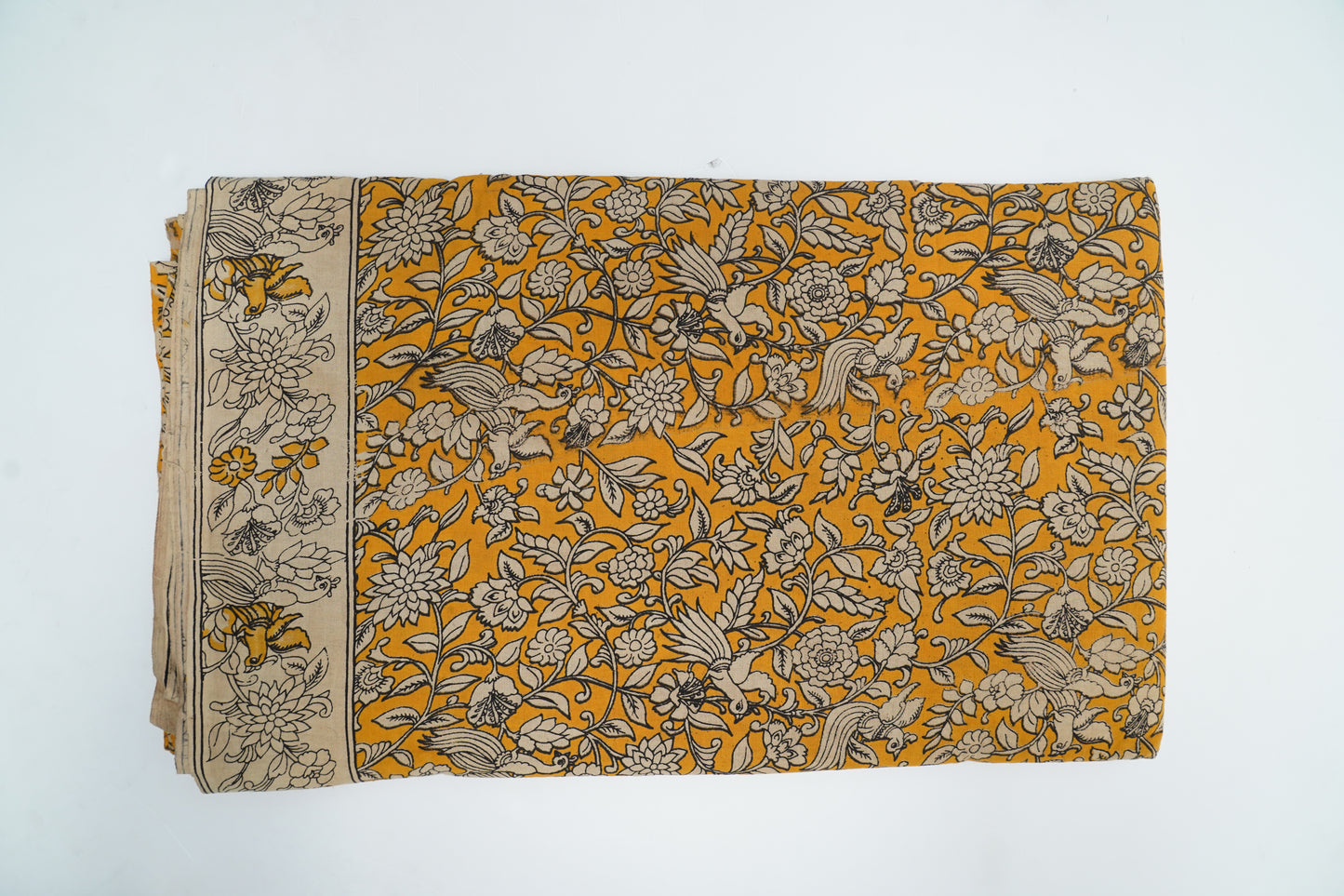 KALAMKARI COTTON WITH BORDER - Mustard yellow base