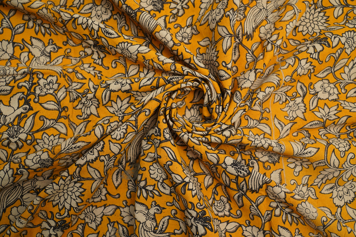 KALAMKARI COTTON WITH BORDER - Mustard yellow base